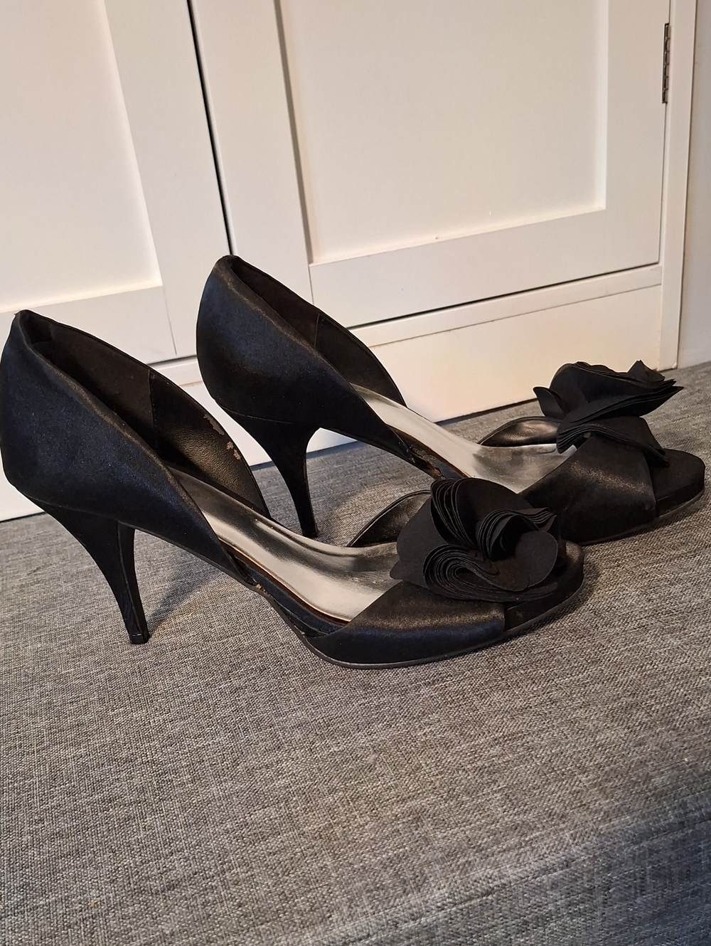 Black Satin Peep-Toe Heels with Decorative Flower